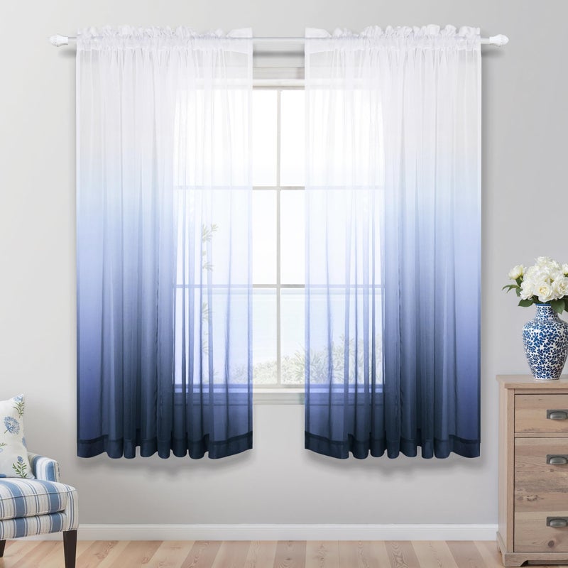 KOUFALL Navy Blue Sheer Curtains 63 Inch Length,Ombre Curtains for Kids Room Boys Bedroom 63 Inches Long - Image 1
